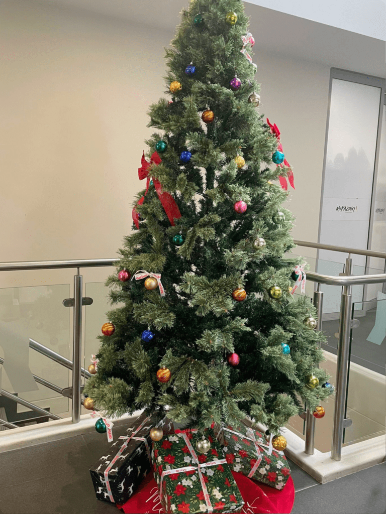 A decorated Christmas tree with colourful baubles, ornaments, and wrapped gifts placed underneath.
