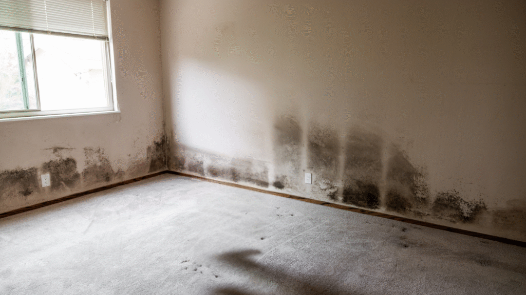 Rental property with mould damage on walls, showing neglect from poor property management.