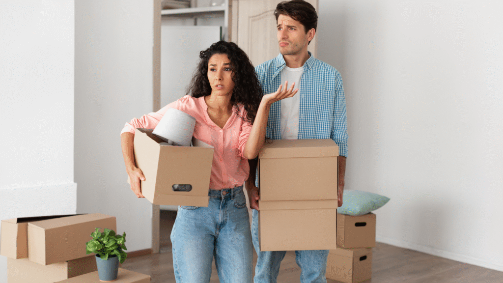 A frustrated couple carrying moving boxes, looking stressed while moving out of a home.