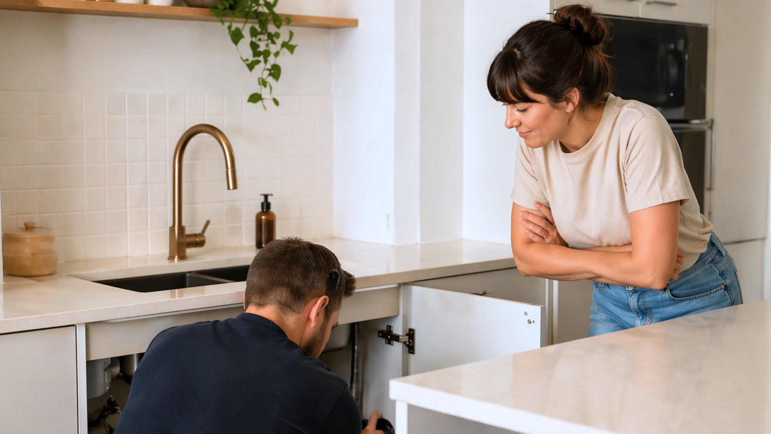 A resident talking to a plumber
