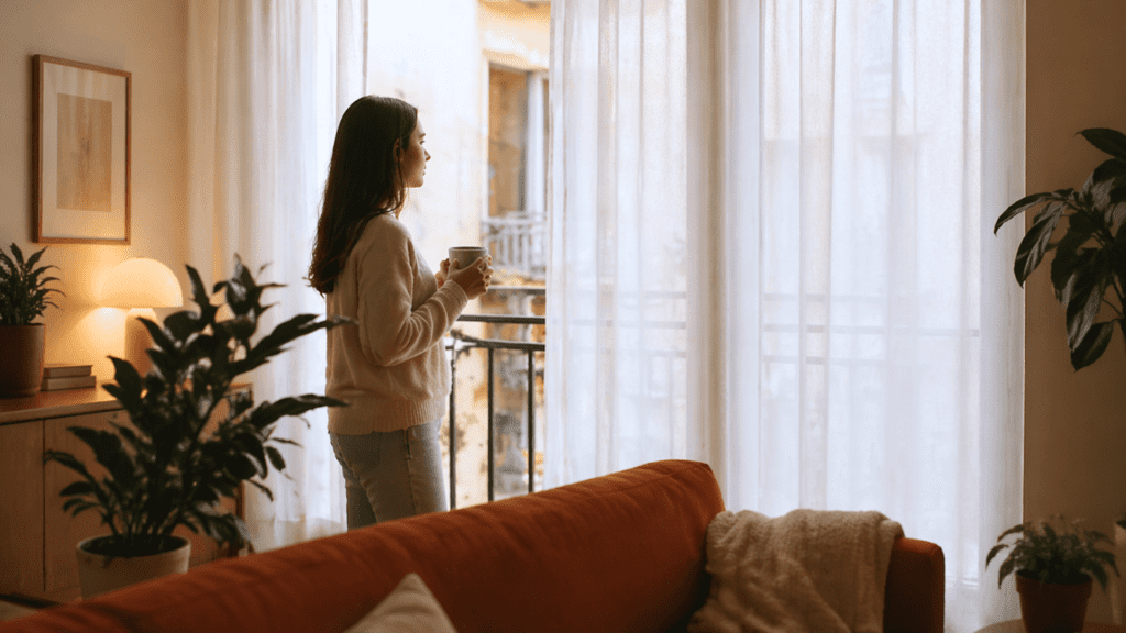 A girl having coffee in her apartment